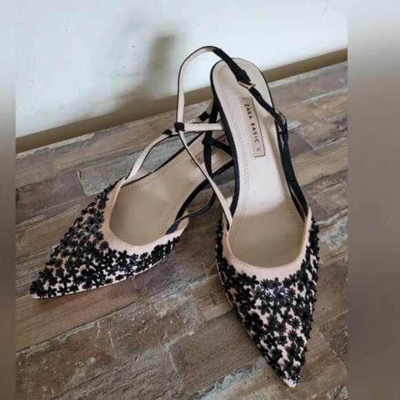 Zara Shoes - Zara Black Floral Pink Black Embellished Women's Kitten Shoes size 41 US 10